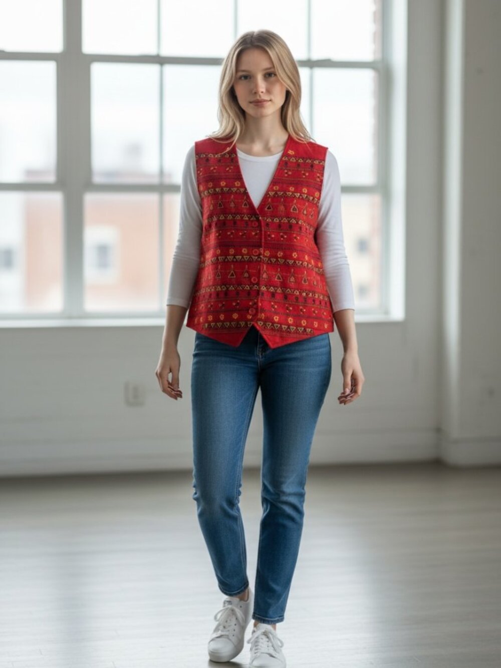 Karavan Red Wool Vest Womens Size Large Embroidered Ethnic Folk - Art Chickens